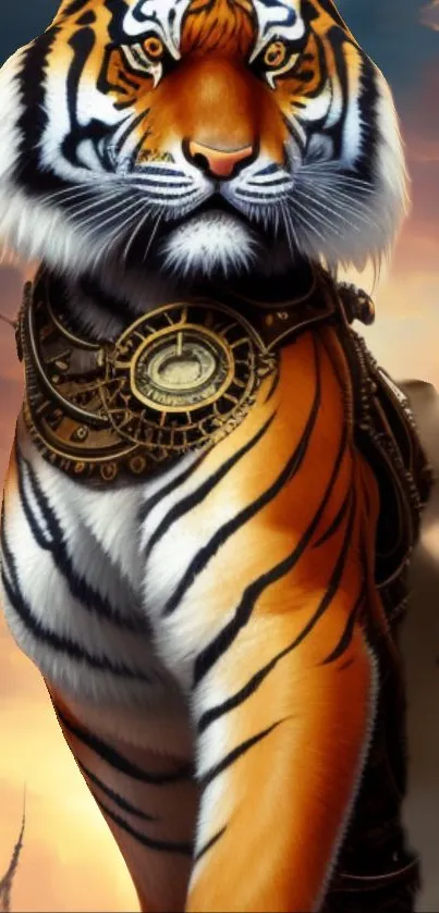 Majestic steampunk tiger with clockwork details against a vivid sky background.