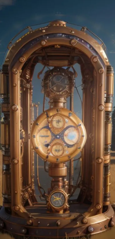 Steampunk clock encased in glass with gears and a scenic backdrop.