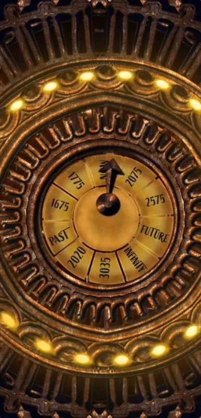 Intricate steampunk time machine dial with golden brass details.