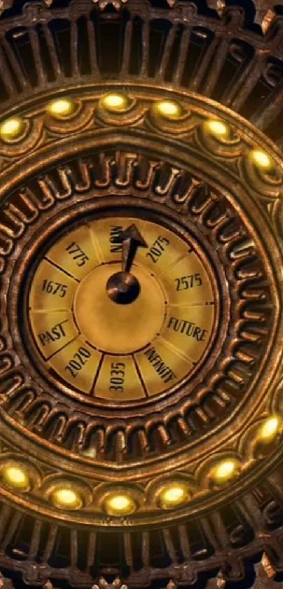 Intricate steampunk time machine with golden gears and clock details.