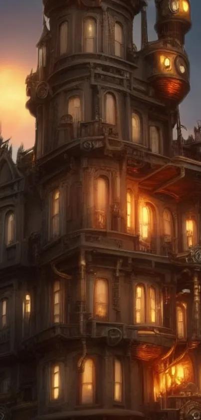 Steampunk tower with warm sunset glow, perfect for a unique mobile wallpaper.