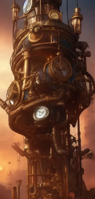 Steampunk tower against a vibrant sunset sky in fantasy art style.