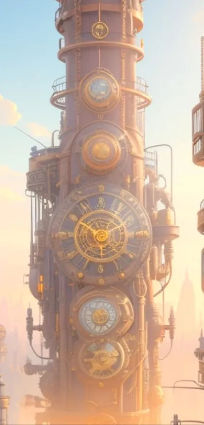 Steampunk tower with glowing gears and ethereal sunset.