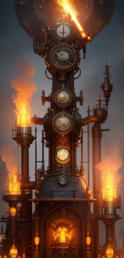 Steampunk tower with clocks and fiery lights, set against a dark backdrop.