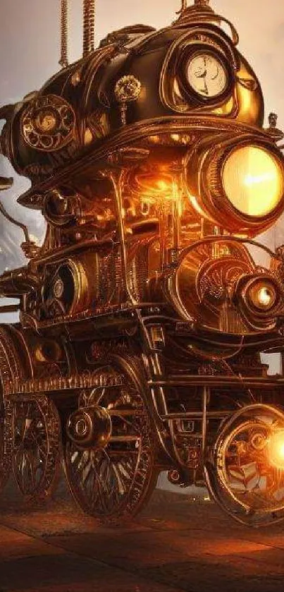 Steampunk train fantasy art with glowing bronze tones.