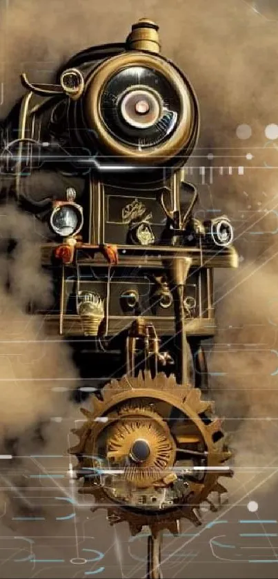 Steampunk train with gears and steam in brown tones on mobile wallpaper.