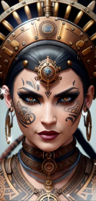 Steampunk tribal woman with intricate design and vibrant details.