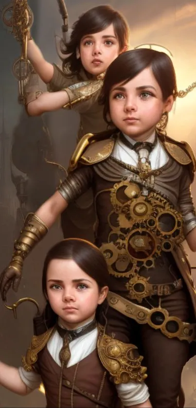 Steampunk children exploring in detailed costumes.