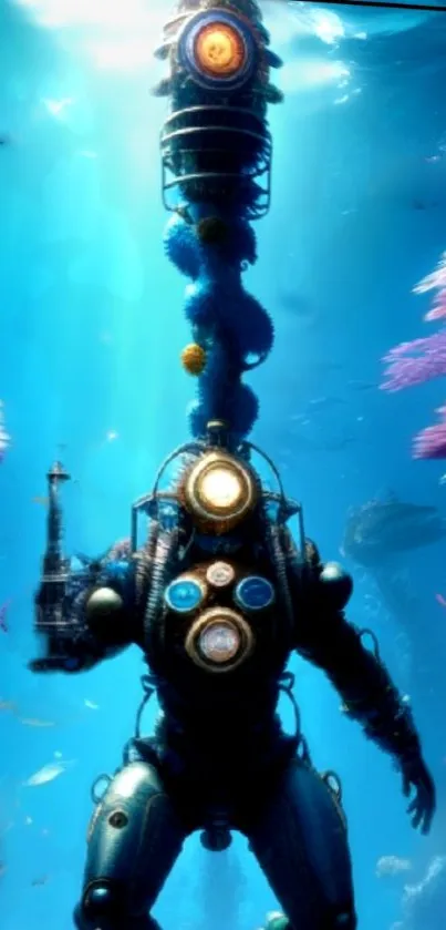 Underwater steampunk diver amid colorful corals.