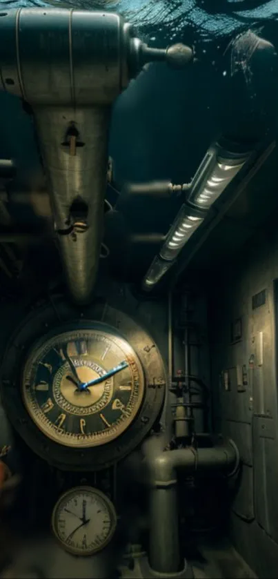 Steampunk scene with vintage clocks and pipes underwater.