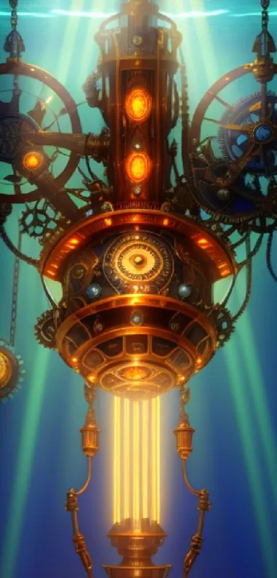 Steampunk underwater scene featuring complex gears and vibrant colors.