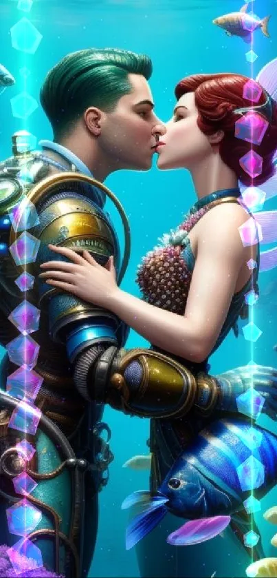 Steampunk couple kissing underwater surrounded by vibrant marine life.