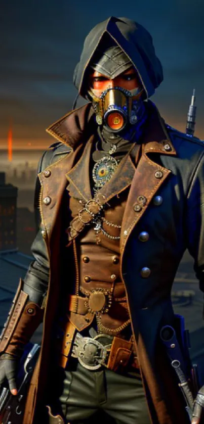 Steampunk warrior in dark cityscape with leather outfit and mask.
