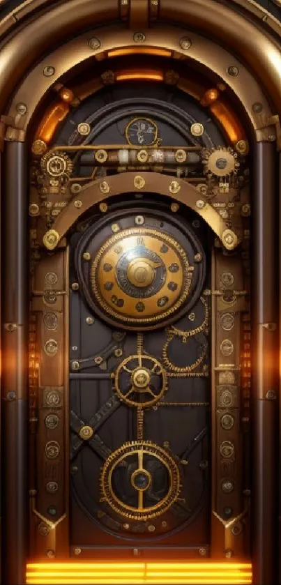 Intricate steampunk vault door with gears and metallic texture.