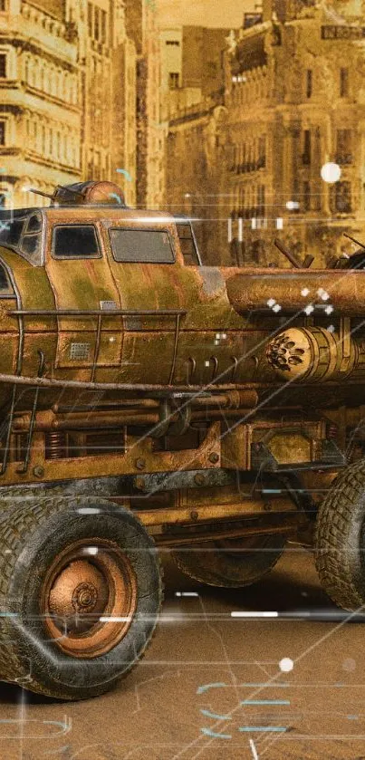 Steampunk vehicle set in a post-apocalyptic desert cityscape.