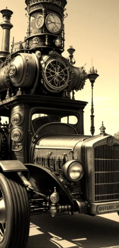 Steampunk vintage car with intricate mechanical design in sepia tones.