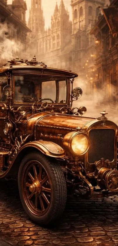 Vintage steampunk car on cobblestone street, atmospheric scene.