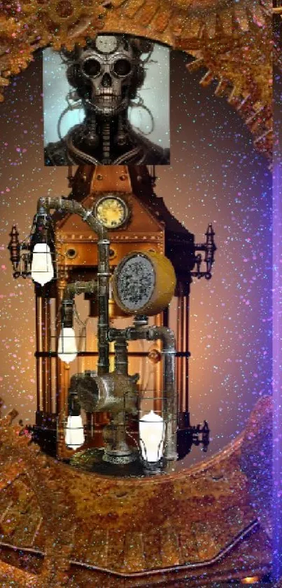 Steampunk-themed wallpaper with gears and vintage machinery.