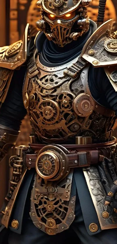 Steampunk warrior in detailed armor with a bronze finish, perfect for mobile wallpaper.