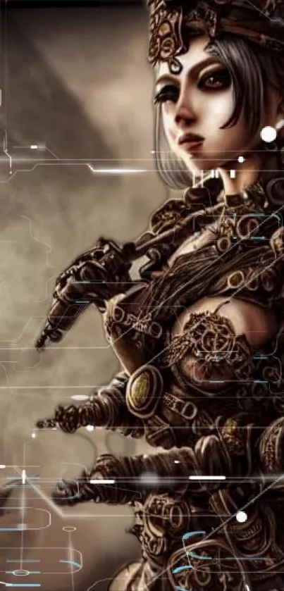 Steampunk warrior with detailed mechanical armor in art wallpaper.