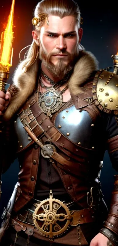 Steampunk warrior in intricate armor with glowing elements.