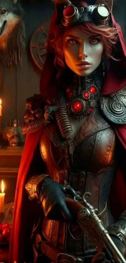 Steampunk warrior girl with red cloak, intricate armor, and a dark, mysterious setting.