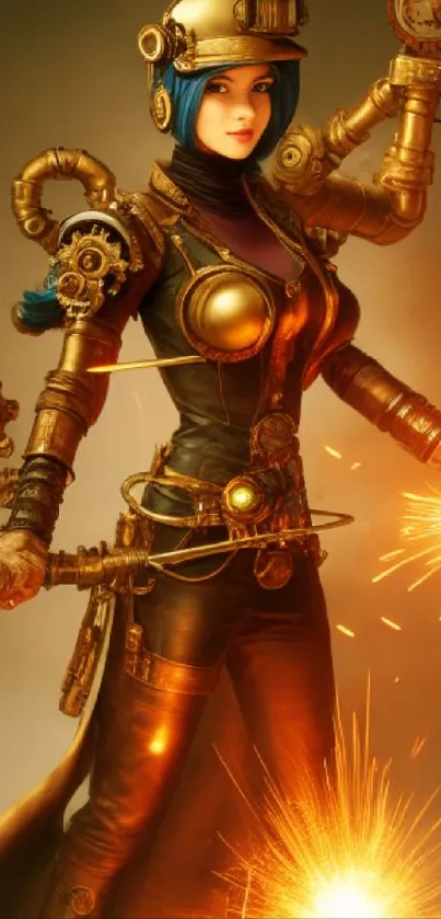 Steampunk warrior in vintage attire with glowing effects and gears.