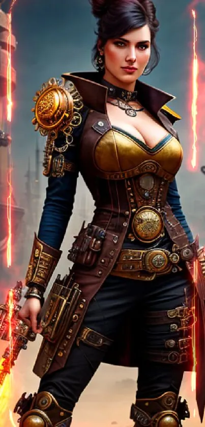 Fierce steampunk warrior in an industrial setting with fiery accents.