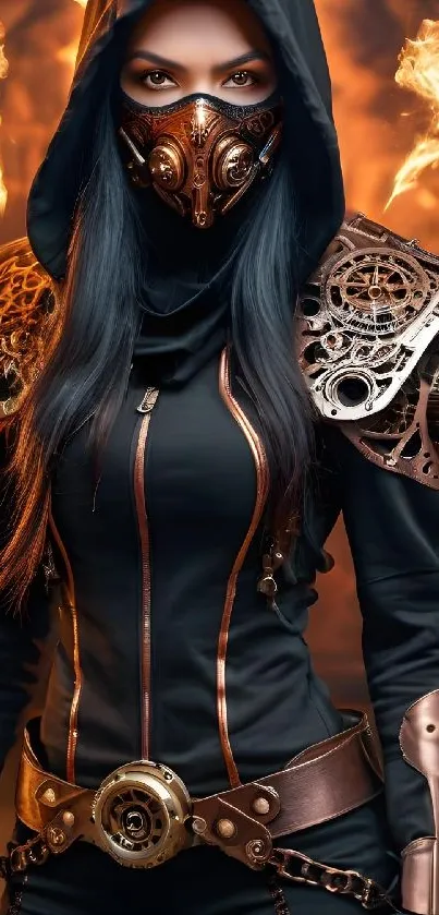 Steampunk warrior in burnt orange hues.
