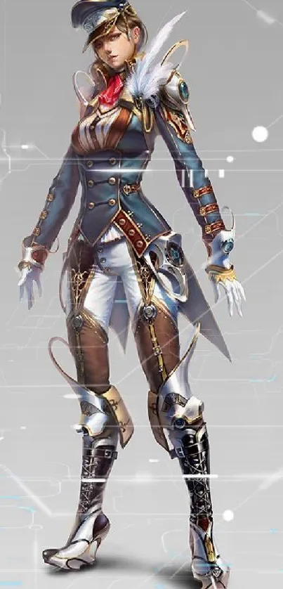 Steampunk warrior character in intricate costume on a gray background.