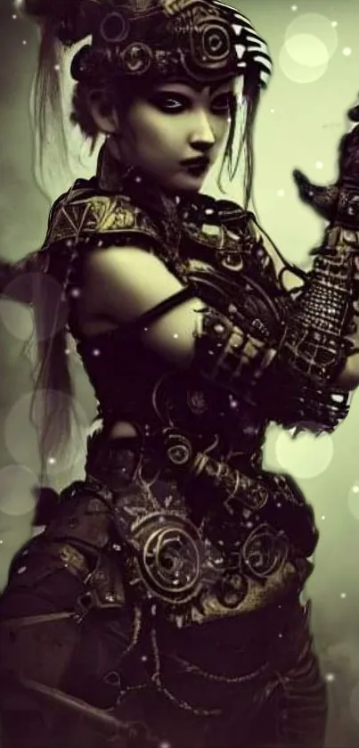 Steampunk warrior in dark gothic attire with gears and a mystical ambiance.