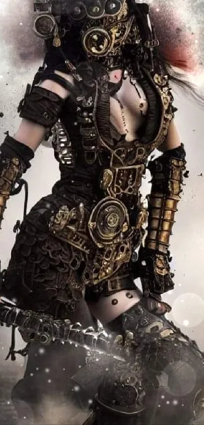 Steampunk warrior with gears in fantasy setting.