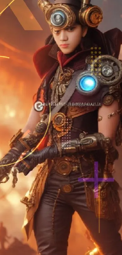 Steampunk warrior in intricate attire with a fiery backdrop.