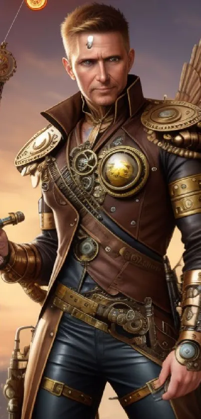 Steampunk warrior with mechanical wings and intricate armor in a cityscape.