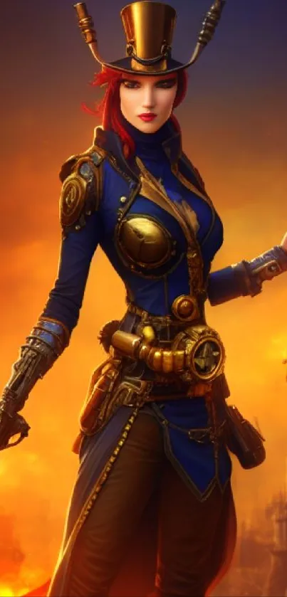 Steampunk warrior in a fiery, vibrant setting.