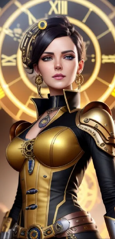 Steampunk warrior with clock backdrop and elegant gold attire.