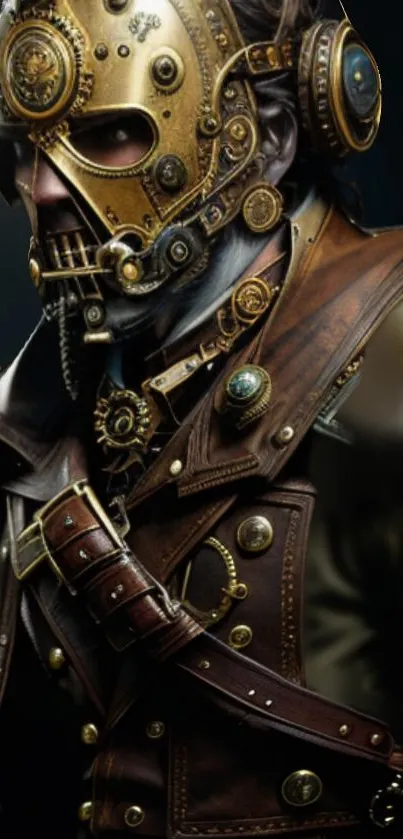 Steampunk warrior in brass armor and leather for mobile wallpaper.