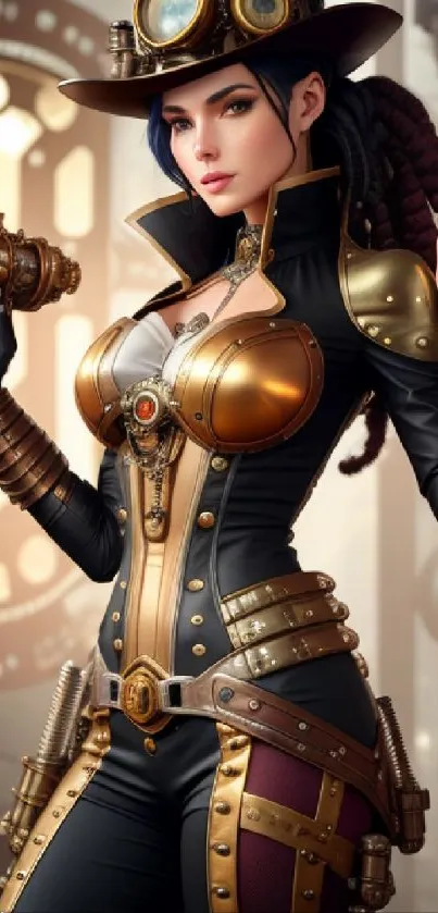Steampunk warrior with brass armor and glowing gadget in a vintage setting.