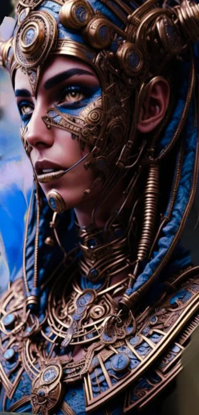 Steampunk warrior artwork with intricate bronze and blue details.