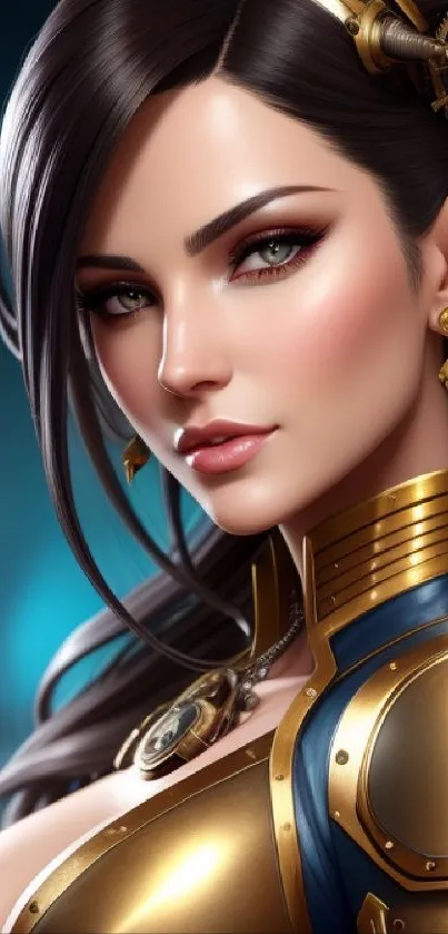 Steampunk warrior in gold armor with elegant, mysterious expression.