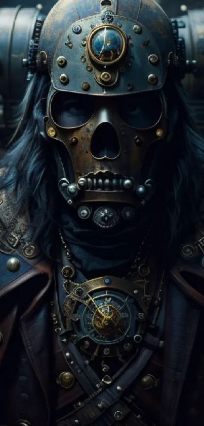 Steampunk warrior in a detailed mechanical mask.