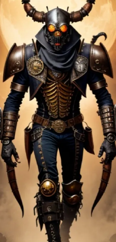 Steampunk warrior with ornate armor against bronze sunset backdrop.