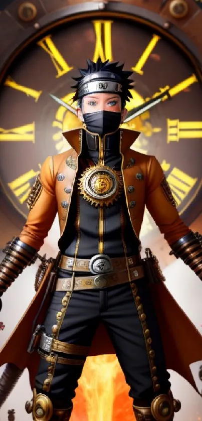 Steampunk warrior in front of a large clock.