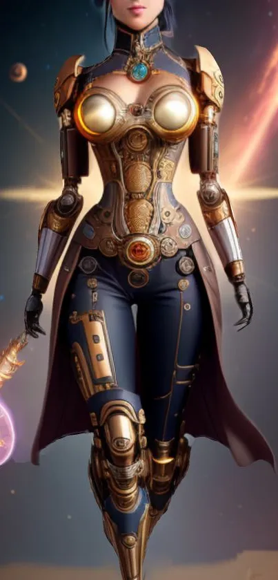 Steampunk warrior artwork with futuristic design and vibrant colors.