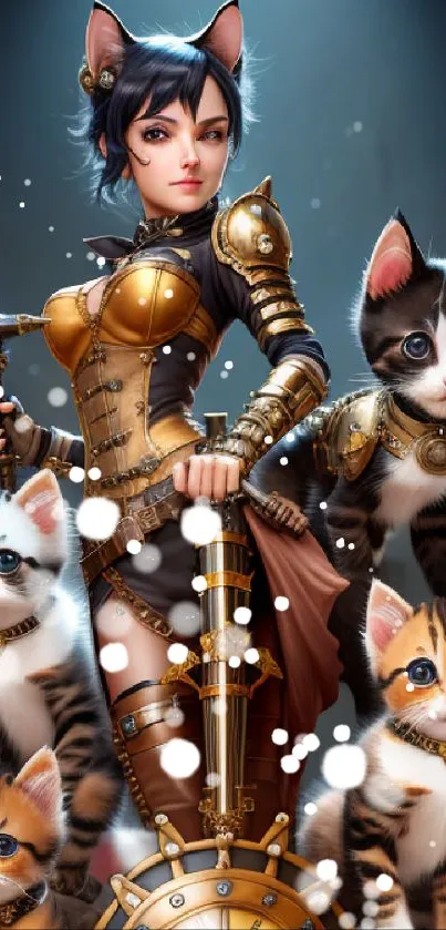 Steampunk warrior with kittens in a fantasy design.