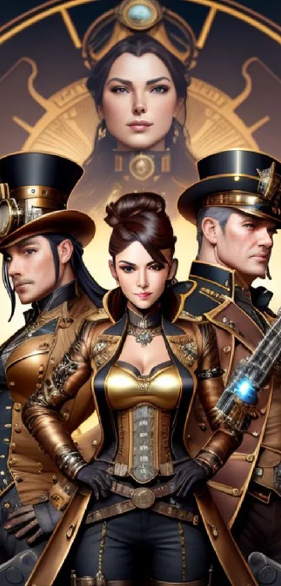 Steampunk warriors in golden attire and intricate design.