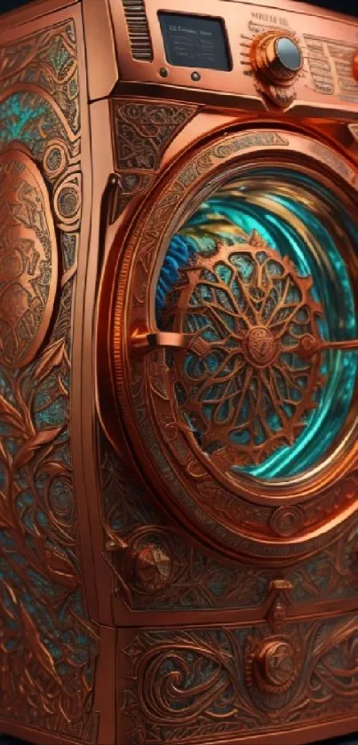 Steampunk washing machine with copper detailing and intricate design.