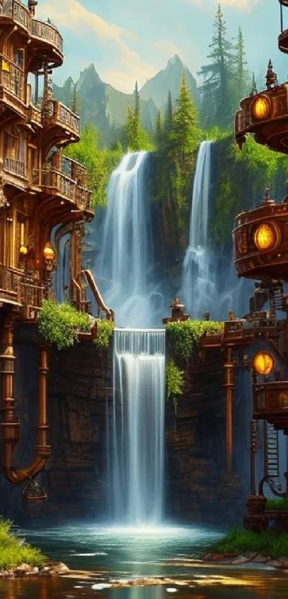 Steampunk fantasy landscape wallpaper featuring waterfalls and intricate structures.