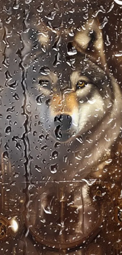 Steampunk wolf portrait with gears in a brown background.