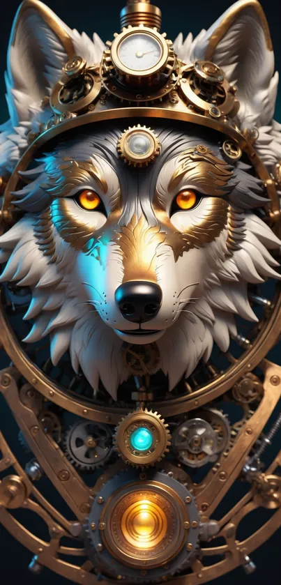 Steampunk wolf with gears and gold accents in HD wallpaper.